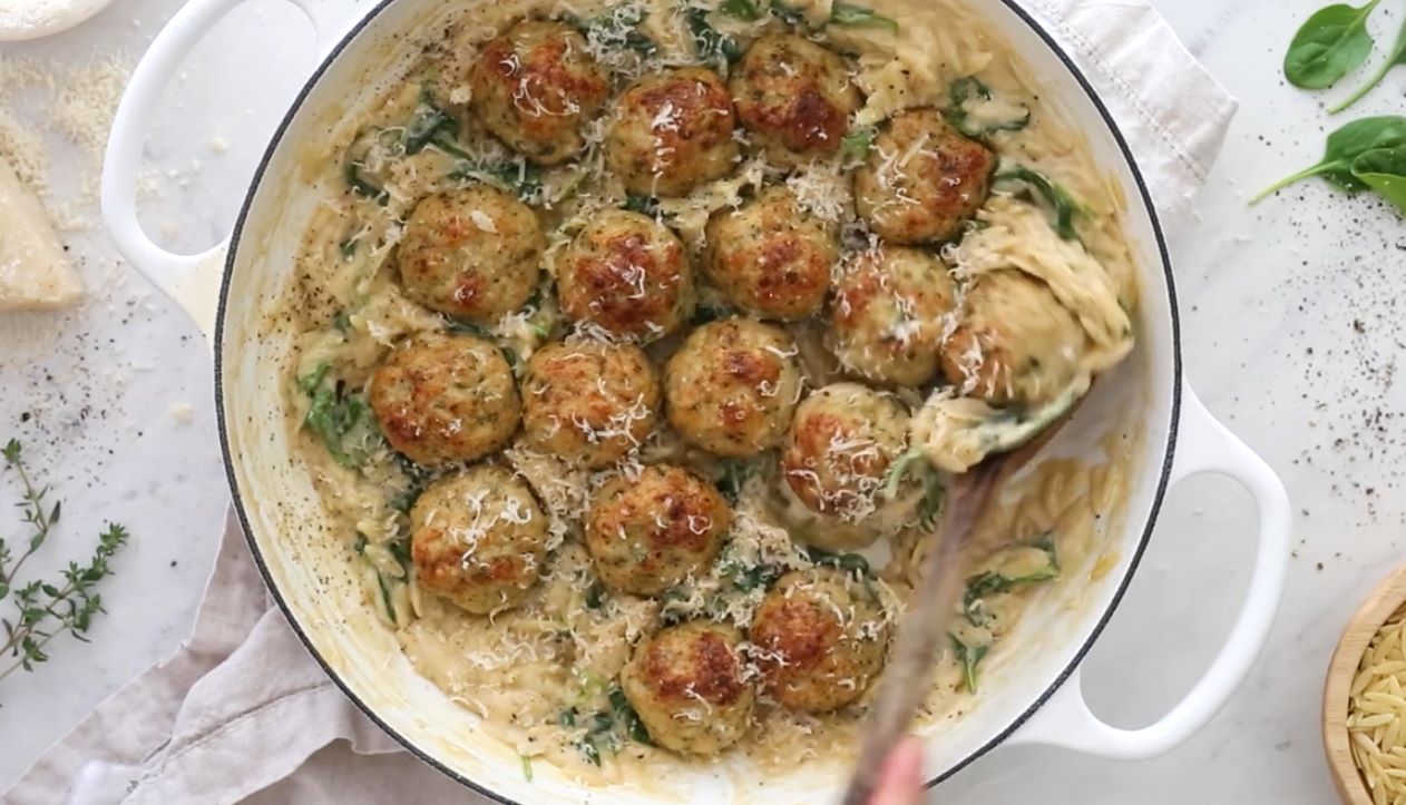 crockpot garlic butter chicken meatballs with creamy orzo