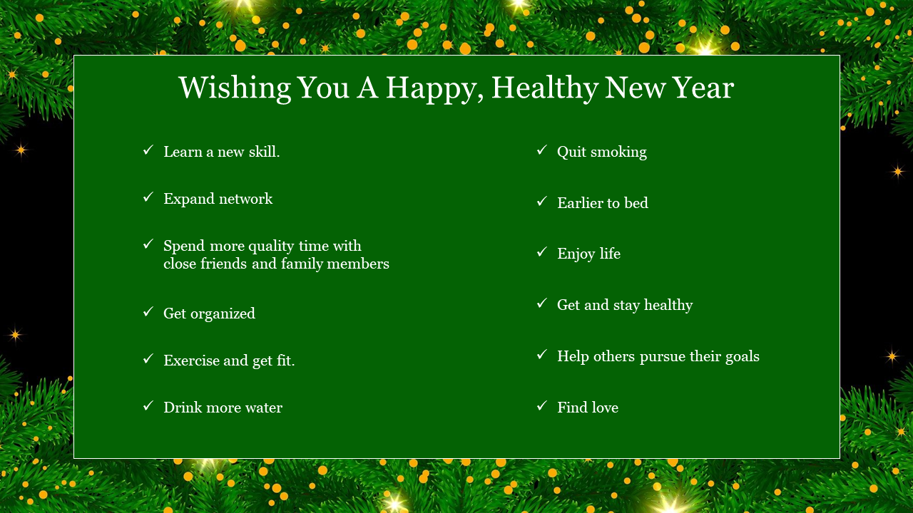 A festive New Year’s resolution template with a green background, Christmas lights, and a list of healthy habits to adopt.