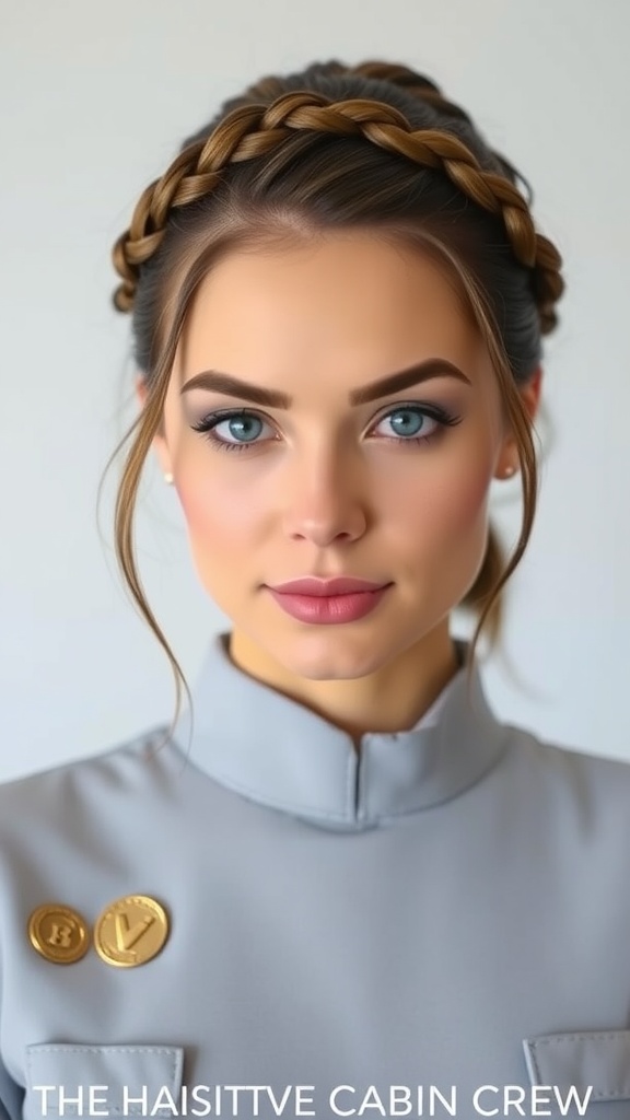 A flight attendant showcasing a braided crown hairstyle with loose strands.