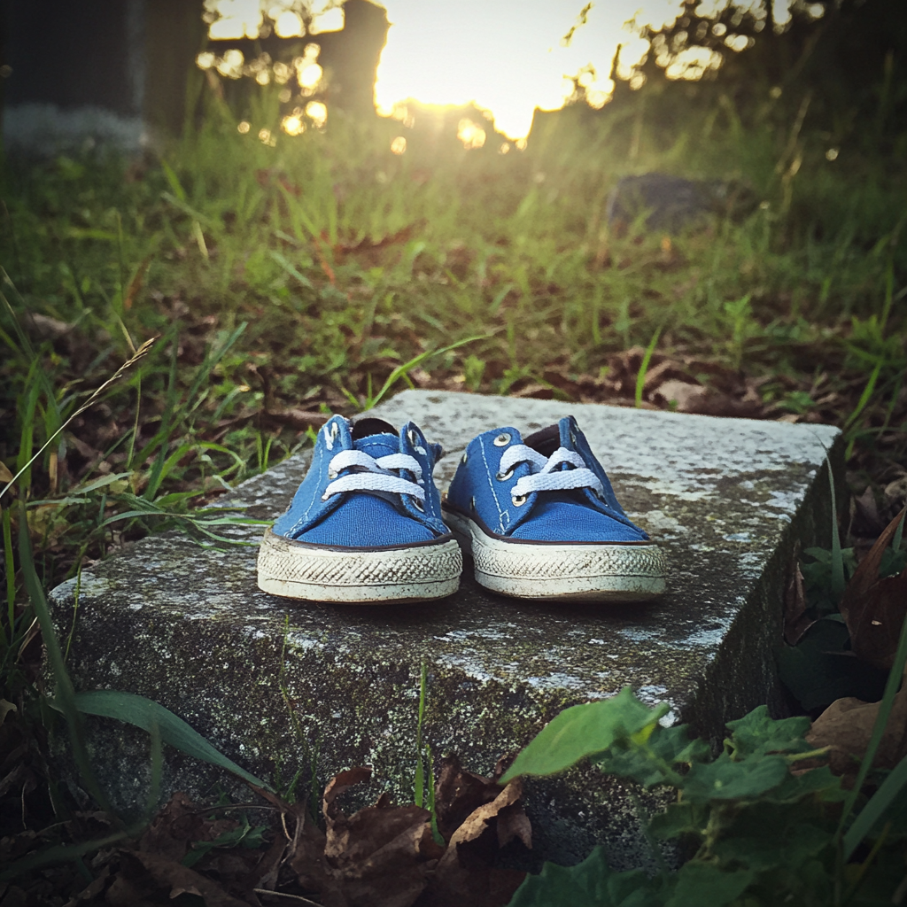 Shoes on a headstone | Source: Midjourney