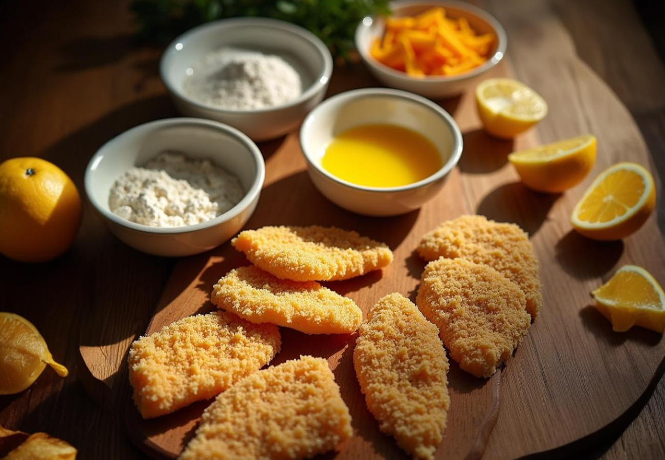 chicken cutlets coated with bread crumbs resting on a wooden tray