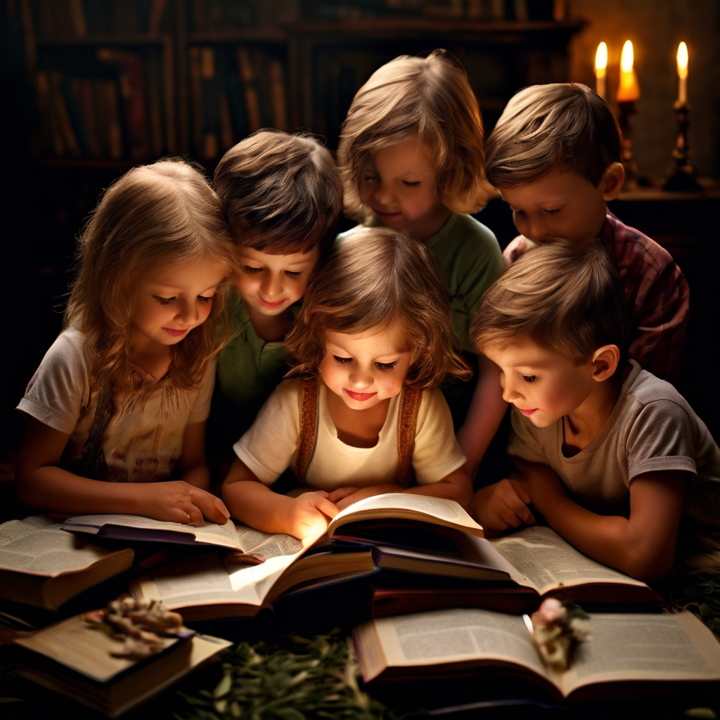 A group of happy children reading books
