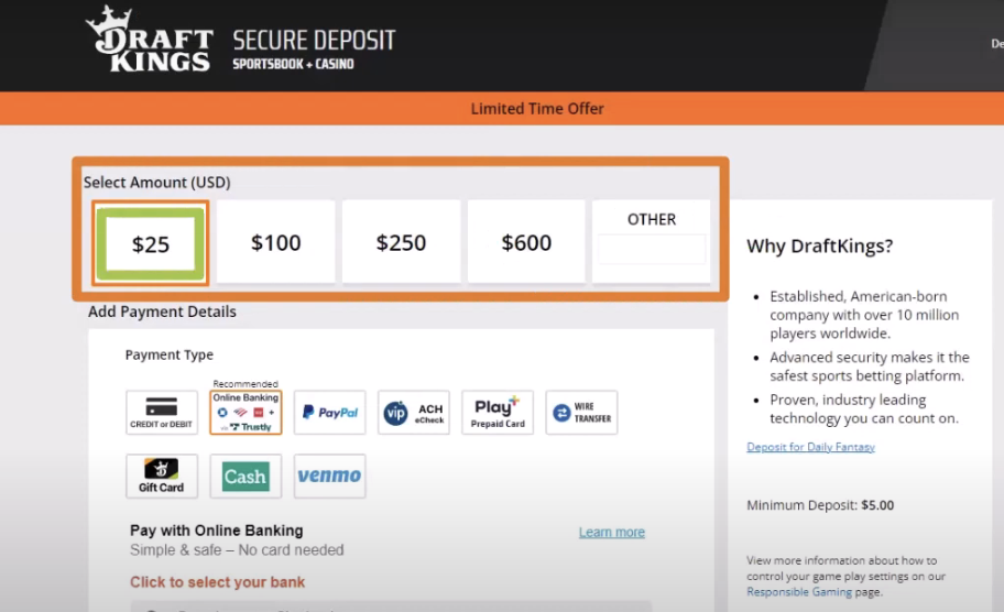 Making a deposit at DraftKings Sportsbook online.