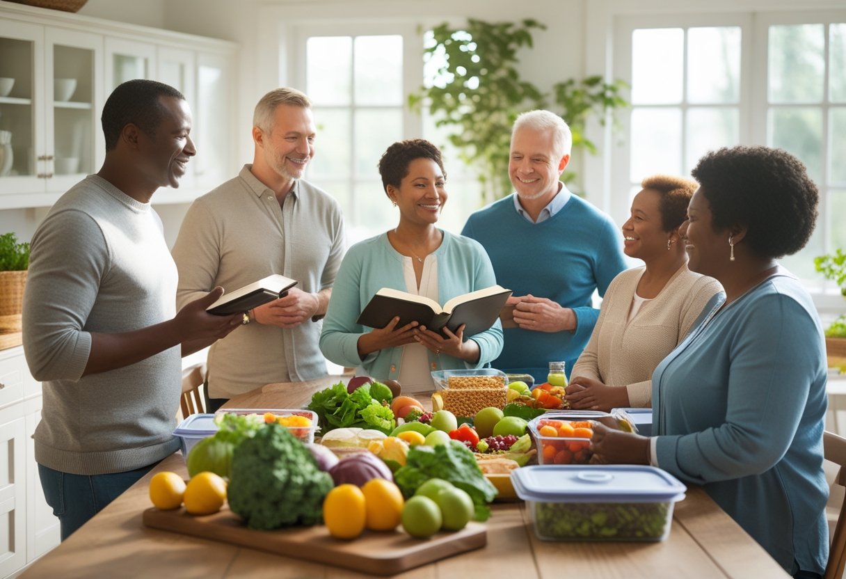 A diverse group of adults gathered around a table with healthy food and a Bible, sharing a moment of encouragement in a bright room.