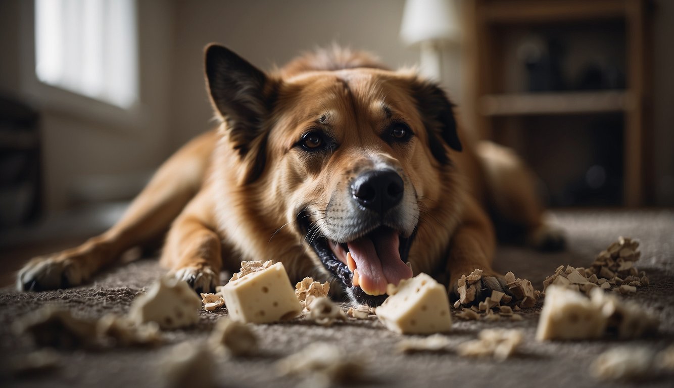 A large, aggressive dog chews on a durable bone, surrounded by scattered toy fragments and a torn-up bed