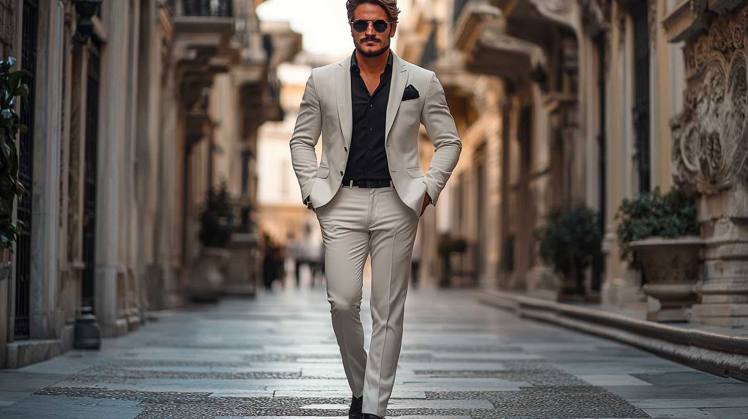 A man in a sharp, modern white suit paired with a sleek black shirt and polished black shoes. This sophisticated ensemble is perfect for evening events in the city, offering a sharp contrast and an elegant, urban vibe. The groom or guest stands confidently in an upscale city setting, exuding style and confidence. The combination of the white suit with black shirt and shoes creates a bold, contemporary look, ideal for a stylish, high-end evening gathering.