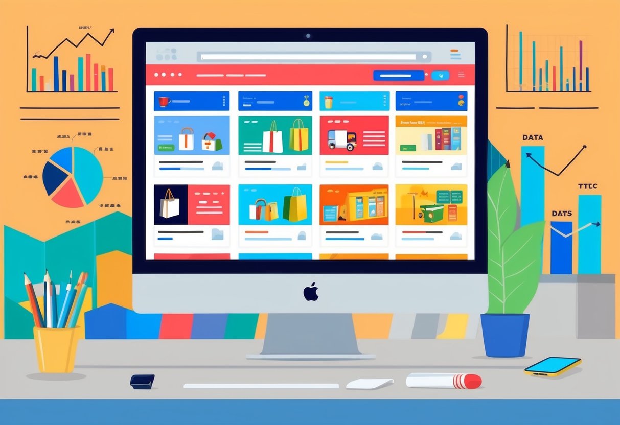 A computer screen displaying a variety of product listings and shopping ads, with data analytics charts and graphs in the background