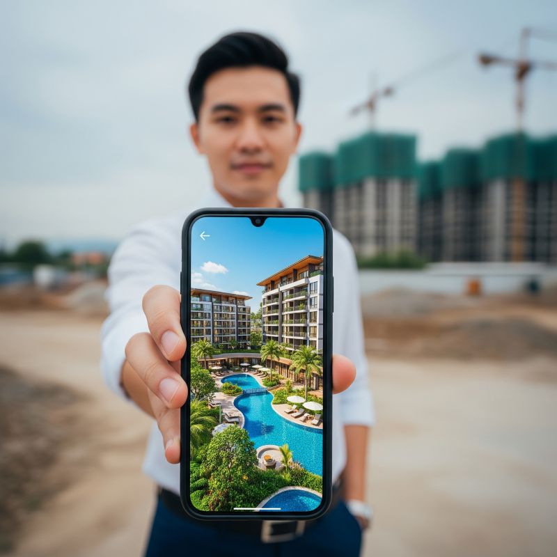 Tay cầm smartphone xem hình ảnh condotel tương lai trên công trường