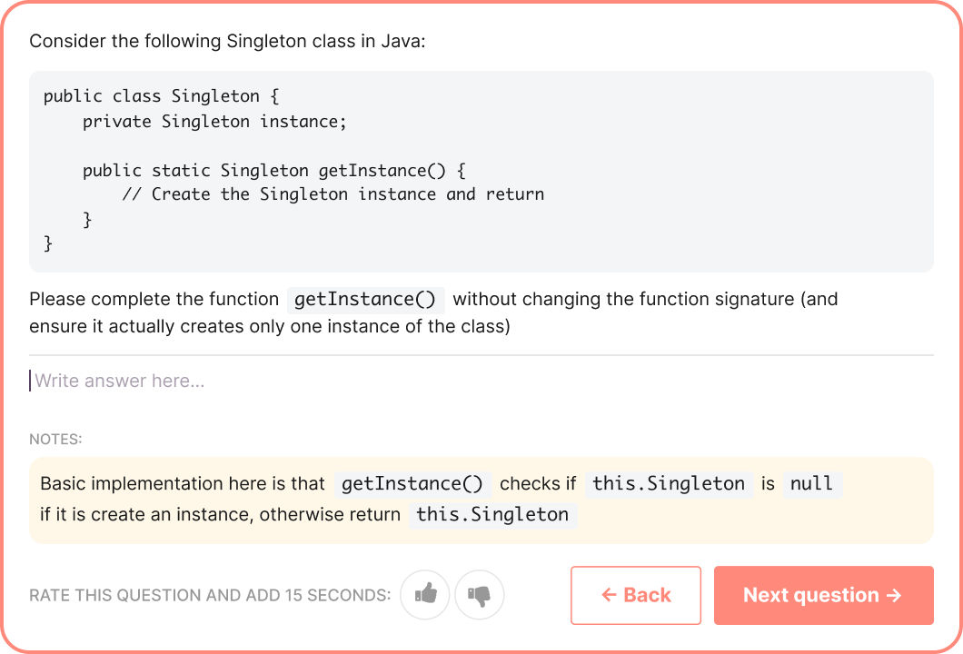 An example of a custom skills test for a Java Backend Developer in Toggl Hire. The question is testing the candidate's knowledge around a Singleton class in Java. 