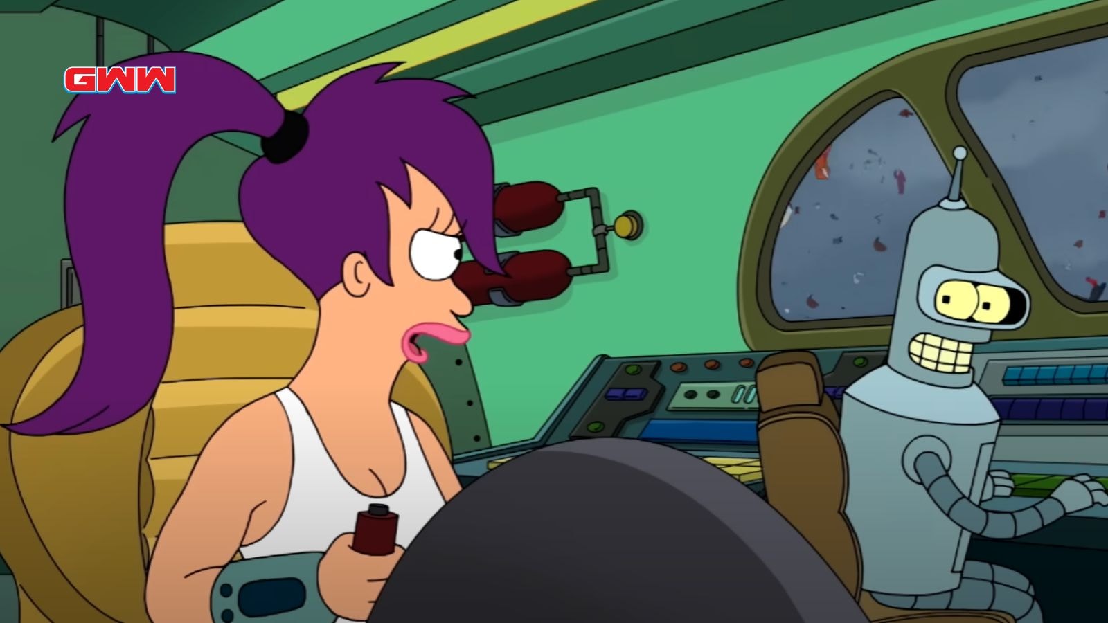 Leela and Bender arguing in the spaceship's cockpit.