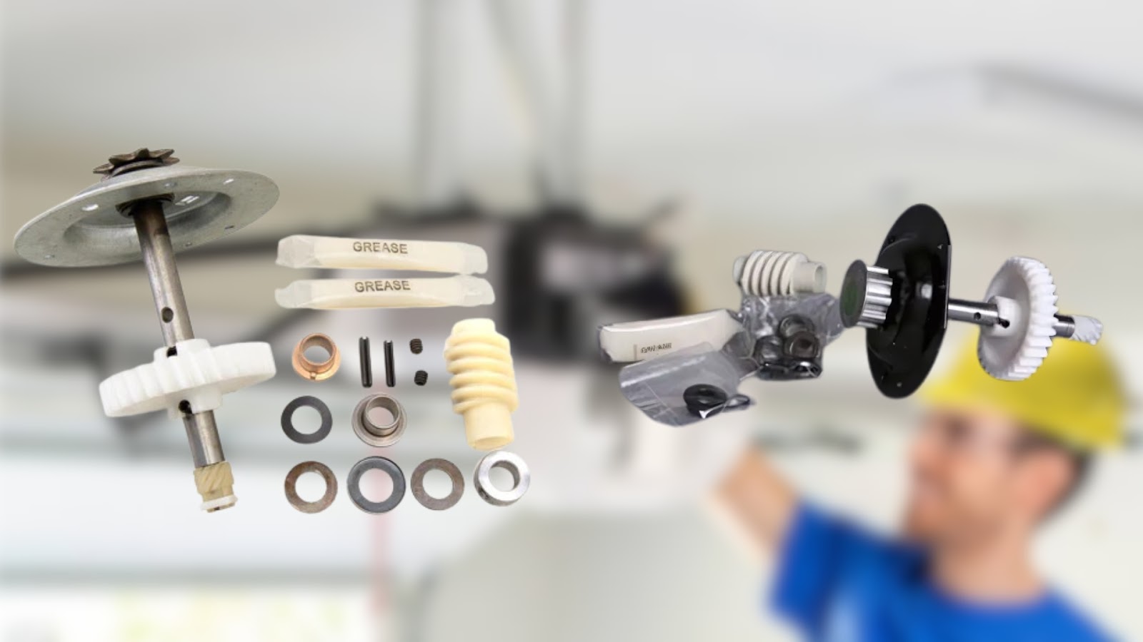 Set of gear and sprocket parts used in garage door openers.