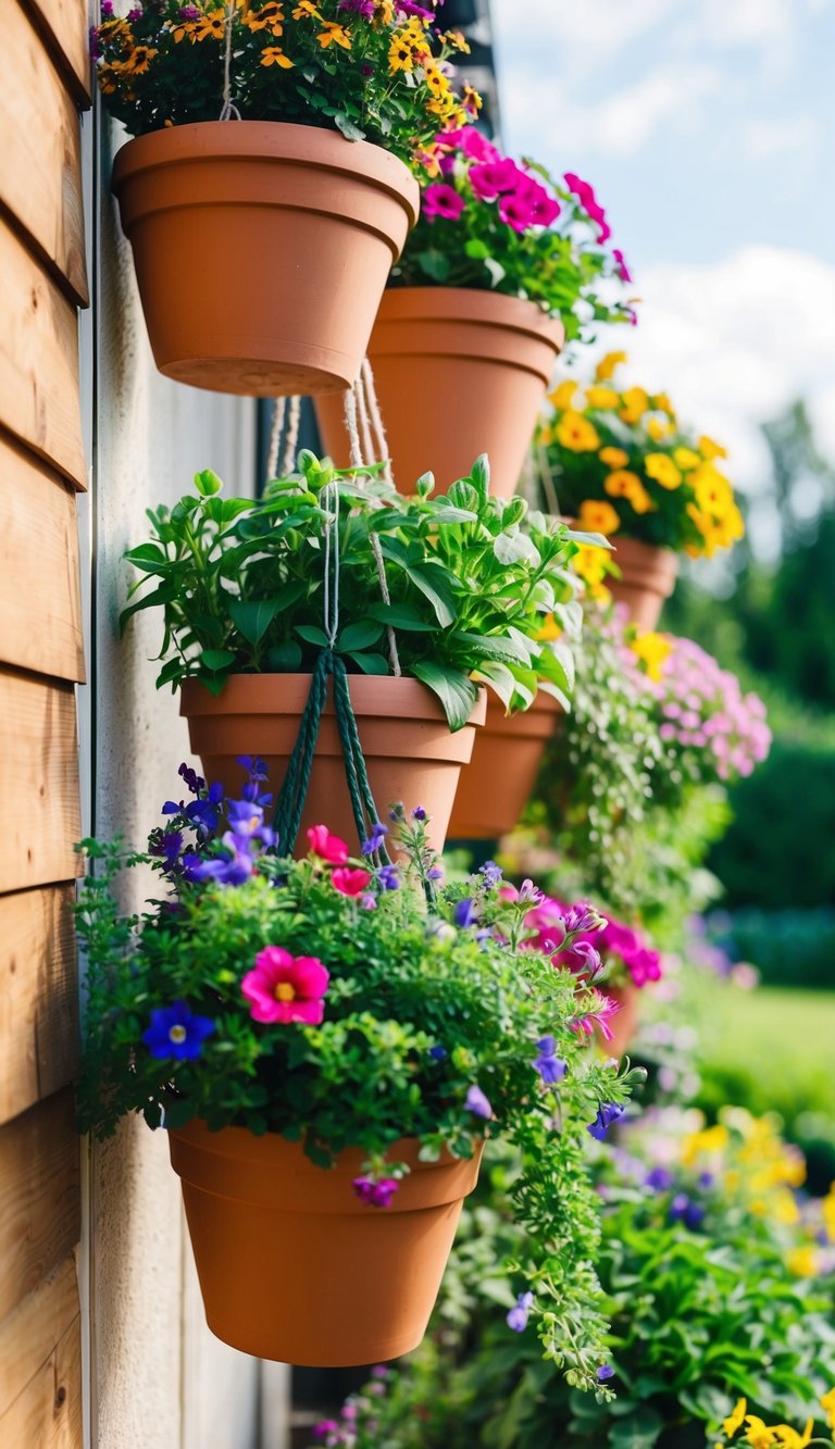 Several flower pots hang from the corner of a garden, each filled with vibrant flowers and greenery. The pots are arranged in a visually appealing and decorative manner