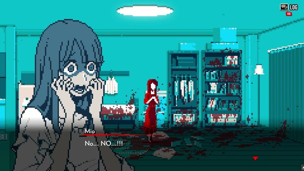 Pixel art style: A scared looking woman in front of a bloody room.