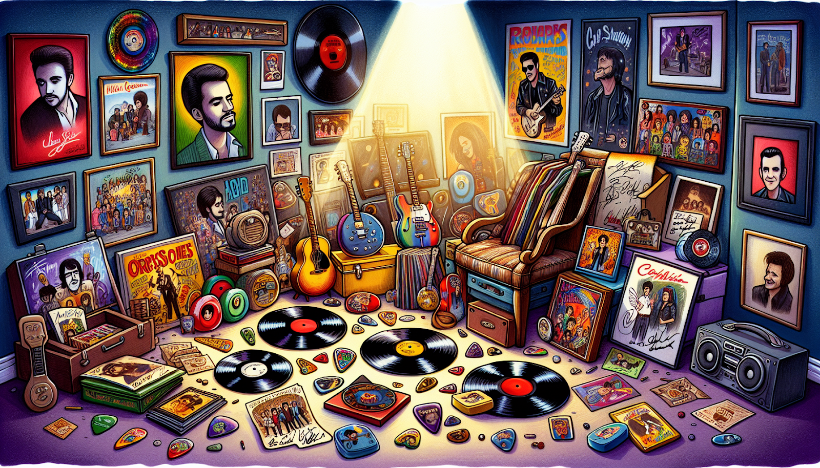 A cartoon showcasing different types of Bruce Springsteen collectibles.