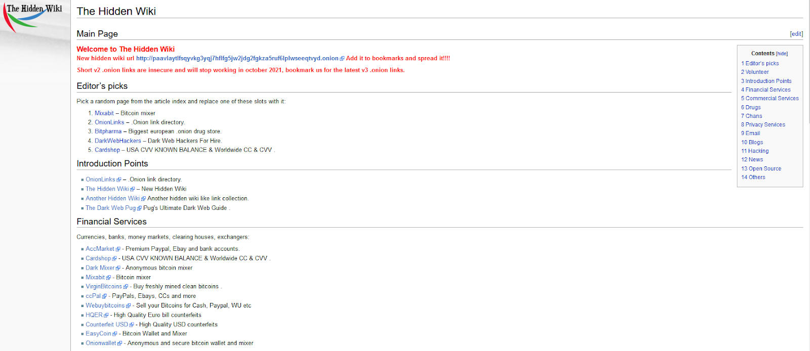 Screenshot of The Hidden Wiki on the dark web