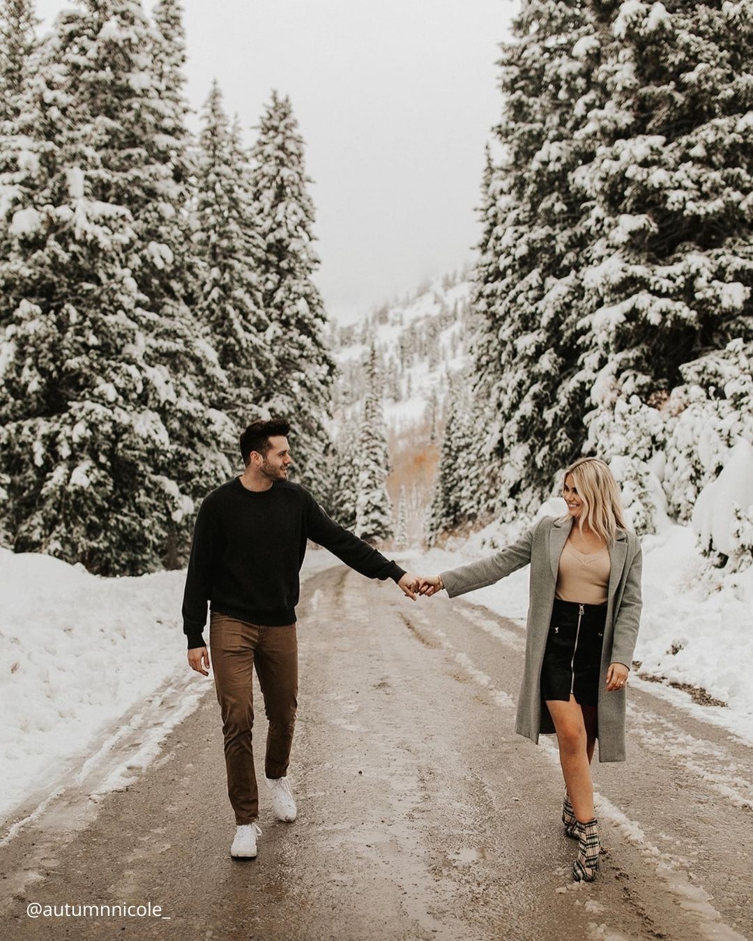 winter engagement photos love couple hand in hand in winter day