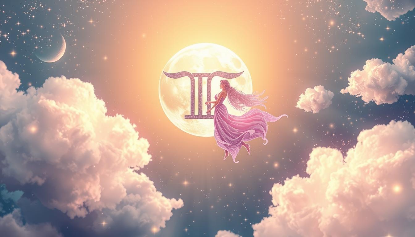 A whimsical, dreamlike scene depicting a Gemini moon sign: a radiant full moon shaped like the Gemini symbol, surrounded by shimmering stars and cosmic clouds. Incorporate duality with two ethereal figures representing curiosity and communication, intertwined in a celestial dance, all enveloped in soft pastel colors and sparkling light.