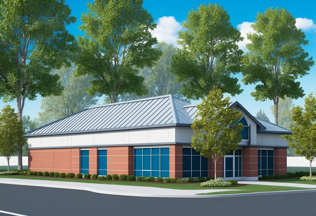 A commercial building with a modern, well-maintained roof, surrounded by trees and clear blue skies