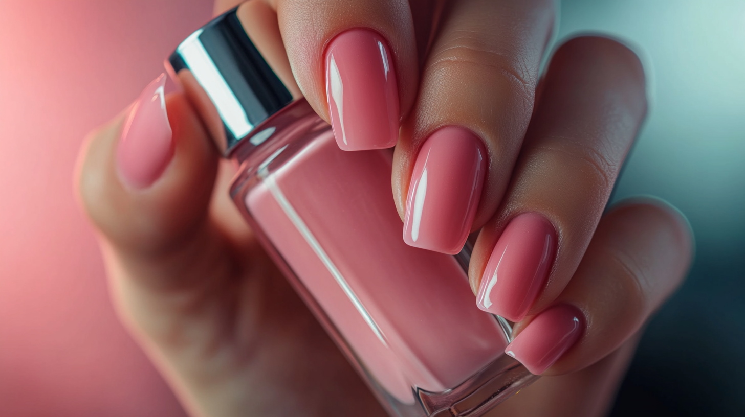 Mãos femininas com unhas alongadas em gel segurando um frasco de esmalte