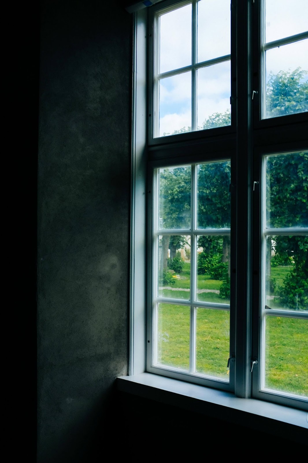 Double-hung windows overlooking a garden.