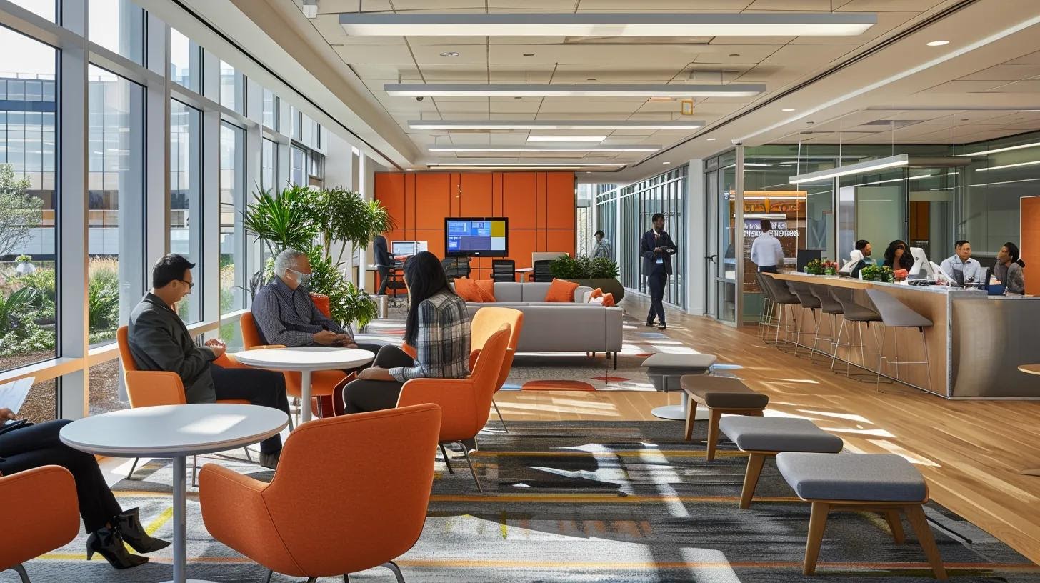 a dynamic office setting features a diverse group of professionals engaged in an animated discussion around a modern conference table, highlighting the importance of building genuine relationships for organic backlink acquisition.