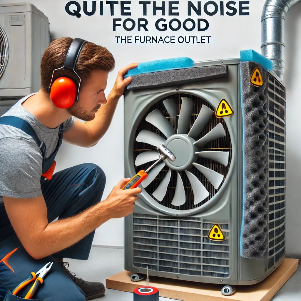 HVAC technician silencing a noisy AC unit by inspecting fan blades and applying lubrication to reduce buzzing and squealing.