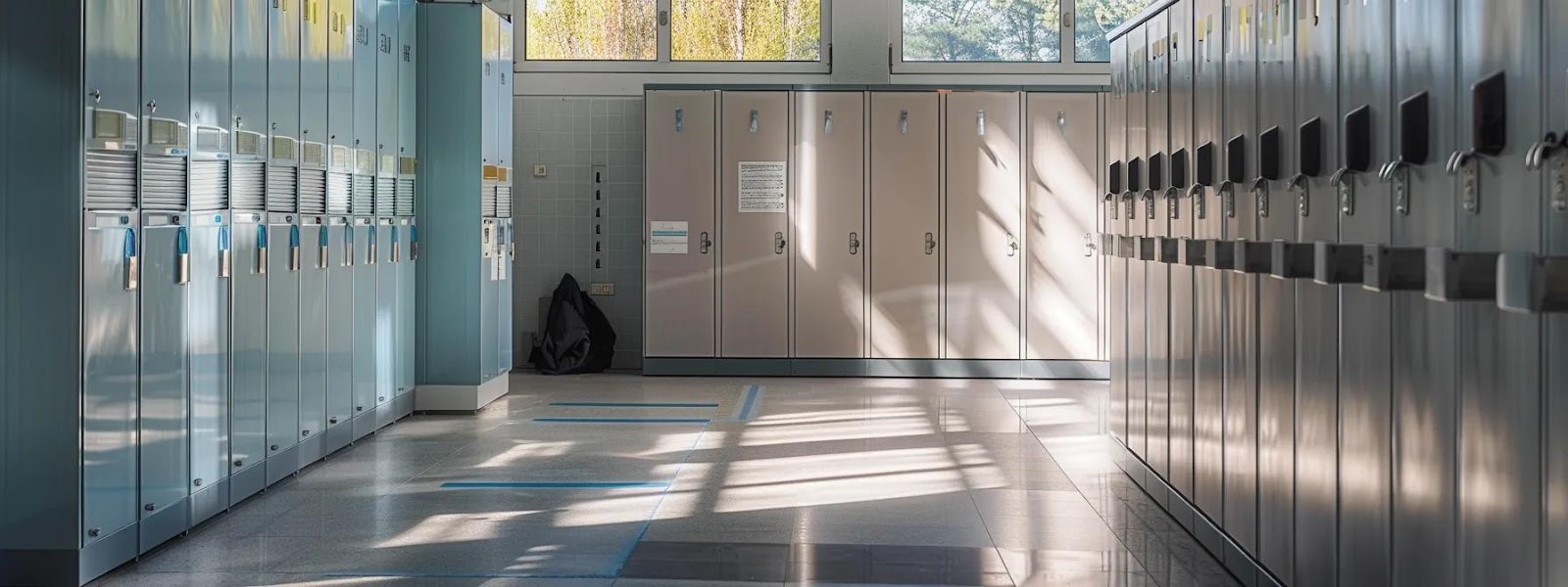 a bright and organized office space features an array of well-maintained lockers, showcasing their sleek finishes, with a professional cleaning kit and inspection tools prominently displayed nearby, symbolizing effective locker maintenance practices.