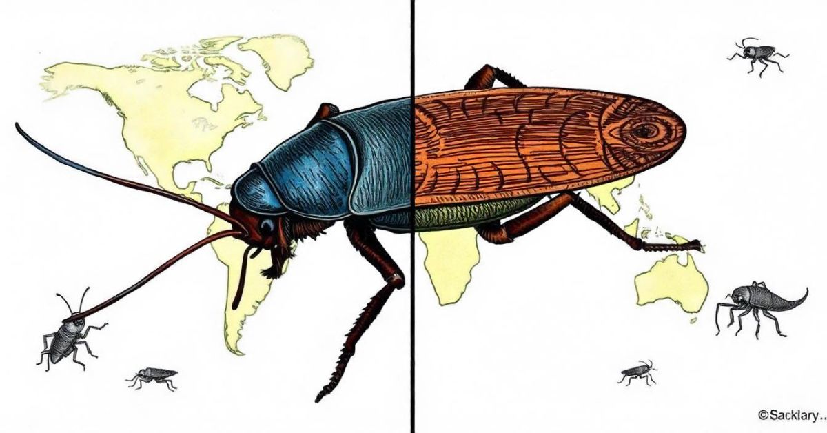 Cartoon depicting a bug alongside a world map, illustrating the theme "Cockroaches in Your Dreams.