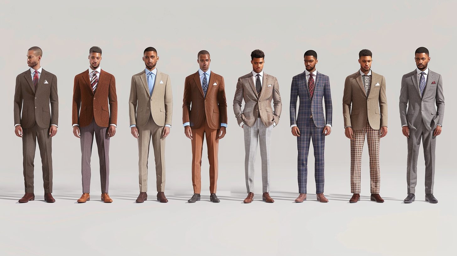Seven men lined up, each wearing a different suit fabric: linen (light, summer-ready), wool (structured classic), tweed (textured and heavy), cotton (soft and breathable), seersucker (puckered and breezy), velvet (rich and formal), and flannel (warm for winter). Each suit shown in season-appropriate colors and textures, with subtle seasonal backgrounds--like sun, snow, or evening lighting--to match the fabric’s best use.