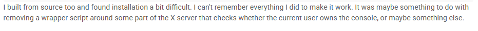 Screenshot of a user describing a difficult Xpra installation from source.