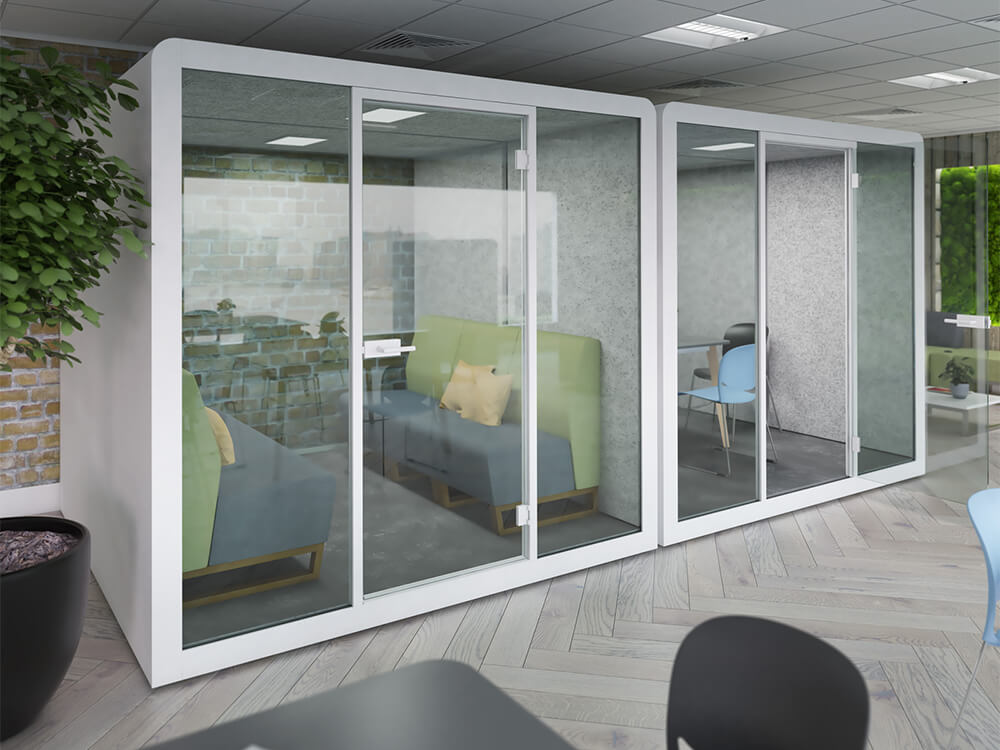 Acoustic pods provide private, quiet spaces for focused work and confidential meetings, reducing noise distractions.