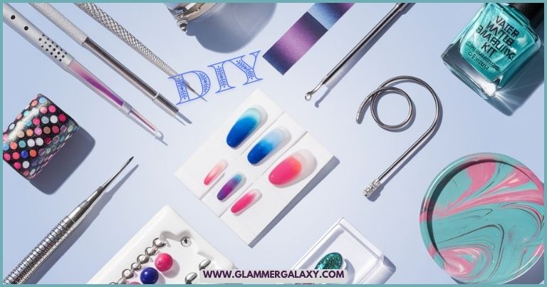 A collection of DIY nail art supplies, including brushes, stickers, and colorful polishes, arranged neatly on a table.