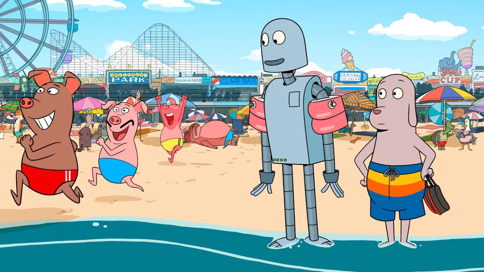 El perro y el robot protagonistas de Robot Dreams, en un día en la playa.