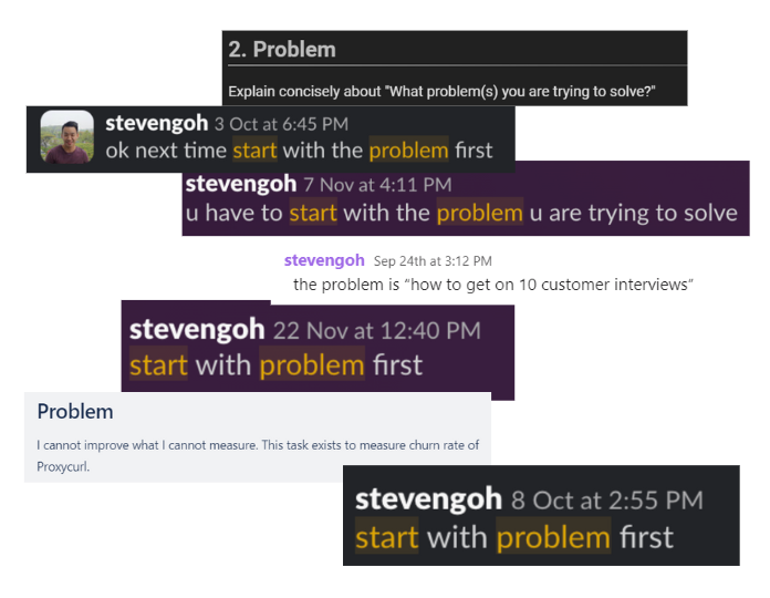 Compilation of CEO Steven asking people to list problems before solutions.