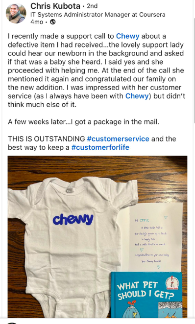 Social post sharing that chewy sent the customer a baby grow and book