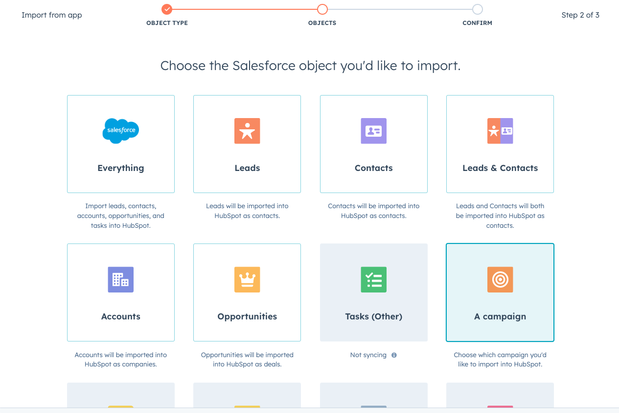 Choose the Salesforce object you'd like to import.