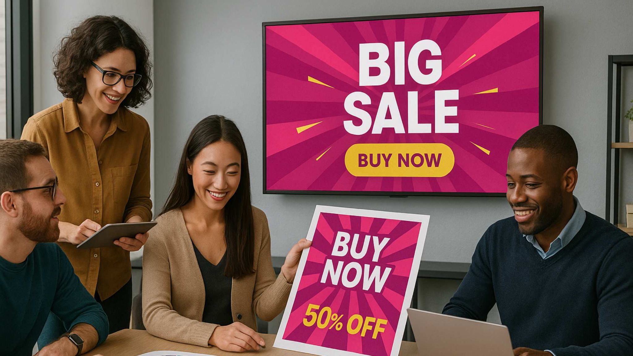 Creative Team Presenting Promotional Campaign – Advertising and Digital Signage Solutions in Doha Team discussing a bright promotional digital signage design featuring a big sale advertisement – Advertising and Digital Signage Solutions in Doha