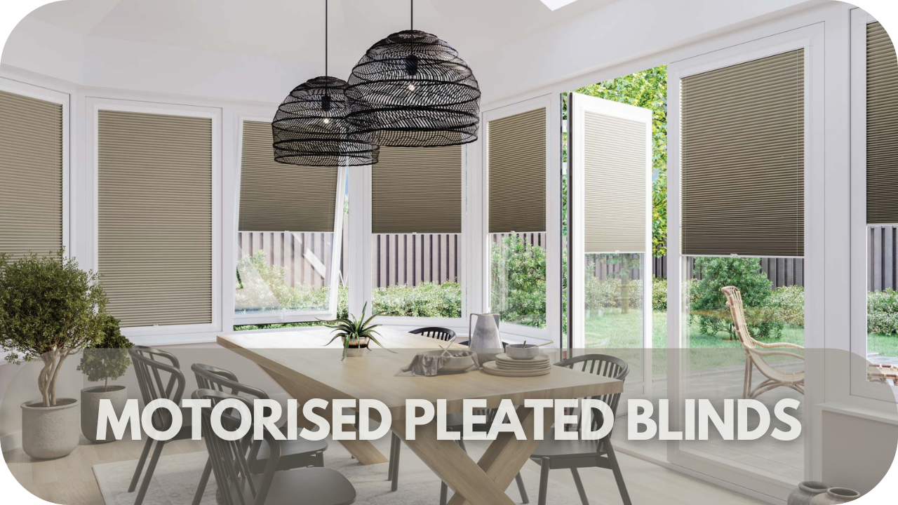 Elegant motorised pleated blinds, providing smooth operation and a chic, space-saving design.