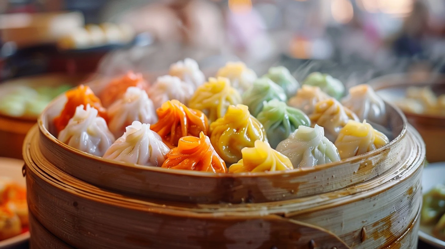 This photo captures a beautifully arranged selection of colorful dumplings in a traditional bamboo steamer. Each dumpling is meticulously crafted, displaying a variety of vibrant hues that suggest different fillings, such as vegetables, meats, or seafood. The setting likely represents a festive or special occasion where these dumplings are enjoyed as part of a communal meal. The steam rising subtly from the basket adds a fresh and appetizing effect, enhancing the overall allure of the meal.