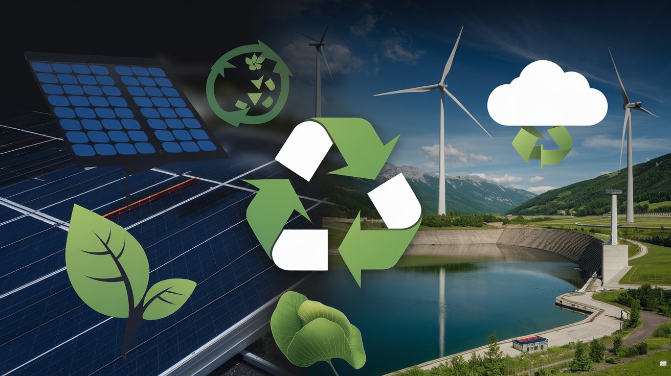 Green technology infographic showing various innovations like solar panels, wind turbines, and recycling systems.