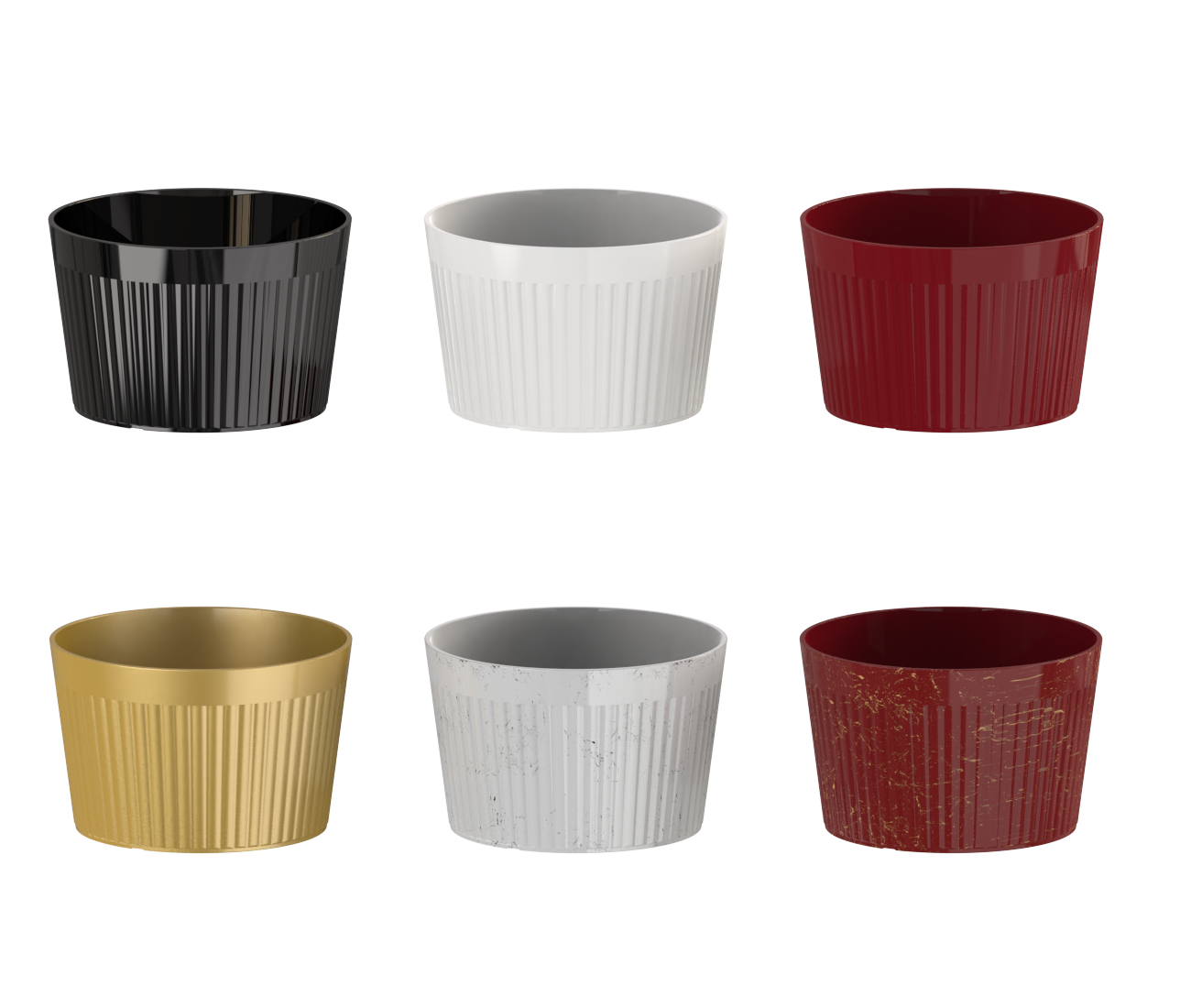 F230-18 compact orchid pot – 18cm diameter – vertical pleated design in glossy black, white, red, and special streak finishes