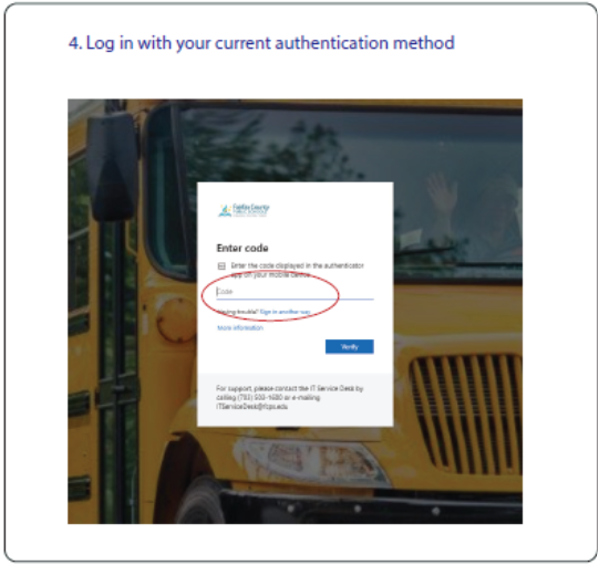 A screenshot of the FCPS login screen to enter the authentication code from the current authentication method