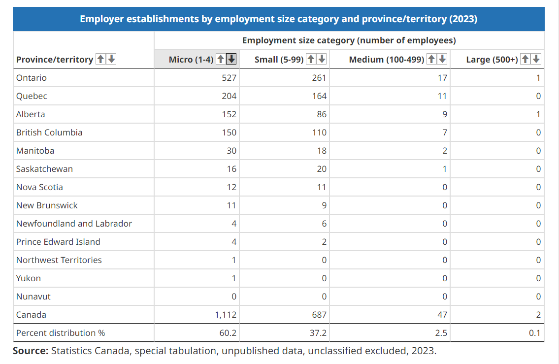 A 2023 Statistics Canada chart showing the total number of laundromat and dry cleaning businesses in Canada, separated into categories based on the number of employees and by province/territory.