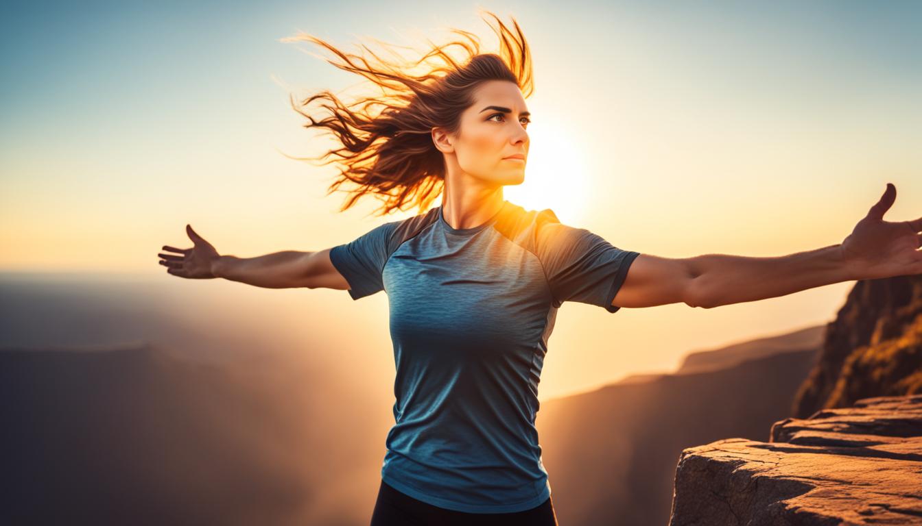 A person standing at the edge of a cliff, looking out at the vast horizon with determination in their eyes. The wind is blowing their hair back and their arms are spread out wide as if ready to embrace whatever challenges come their way. The sun is setting behind them, casting a warm, golden glow on their face.