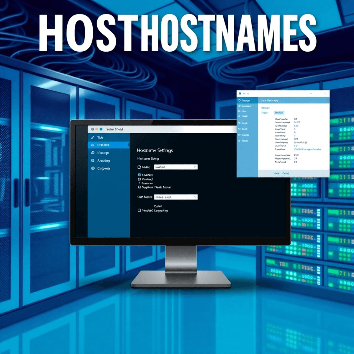 A modern server room filled with sleek servers and network cables, highlighting a computer screen showing the Windows Server 2022 hostname settings in a tech-inspired blue and green palette.