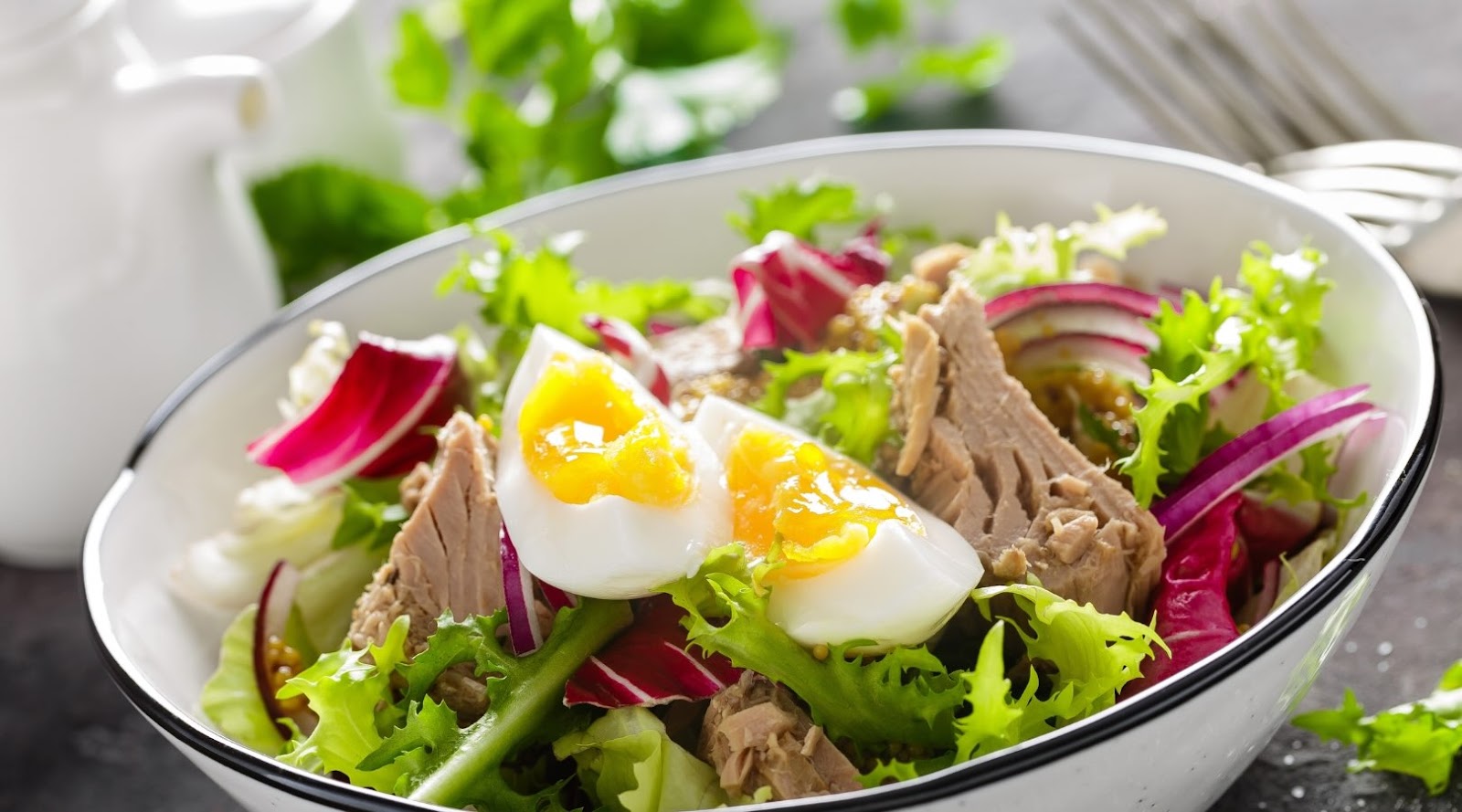 Fresh and healthy tuna salad topped with a soft-boiled egg, vibrant greens, red onion, and a light dressing. This Mediterranean-inspired dish is a nutritious option, recommended by our registered dietitian for a wholesome meal in Mississauga