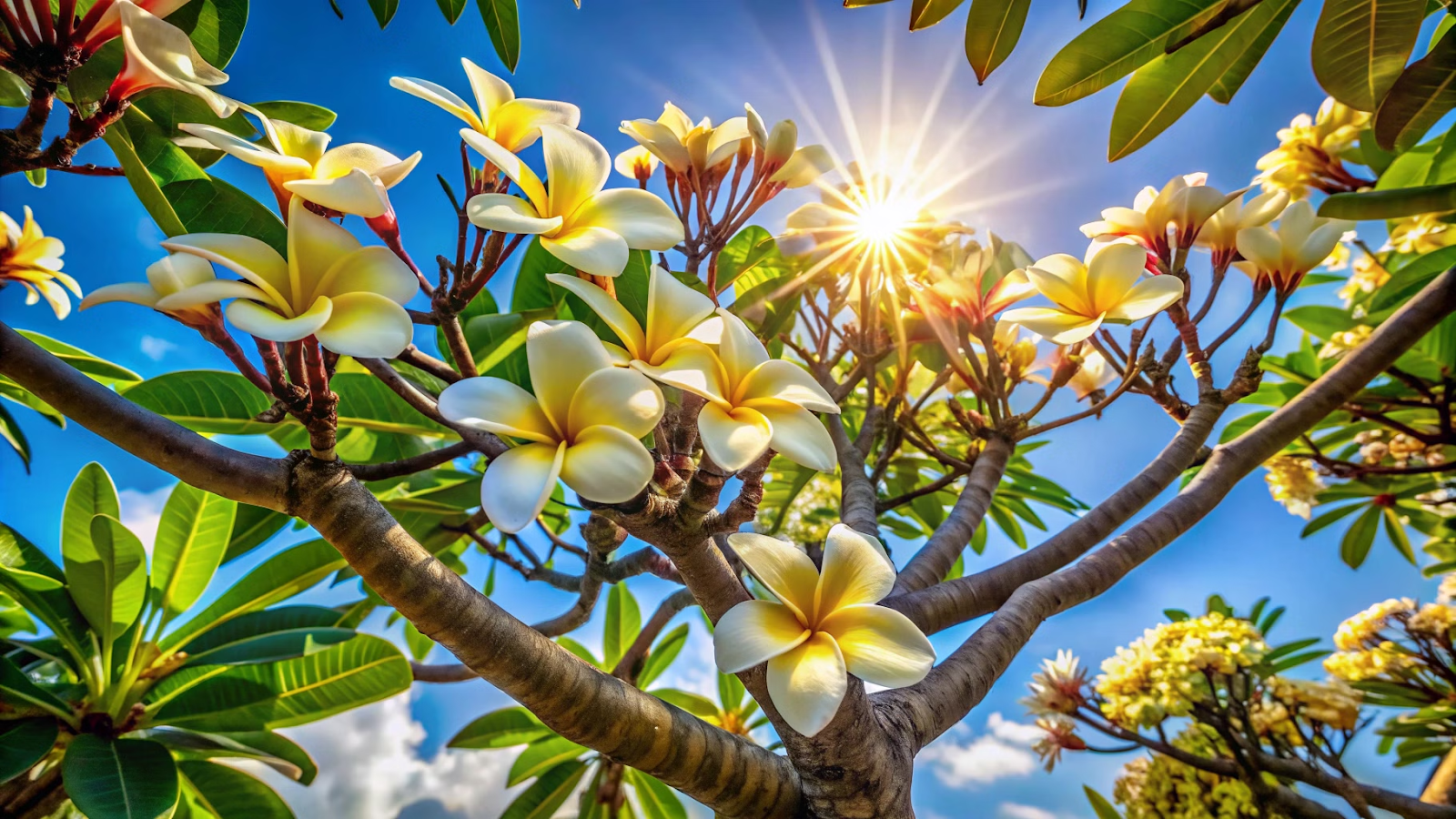 Árvore de frangipani florida contra céu azul, iluminada pelo sol da tarde