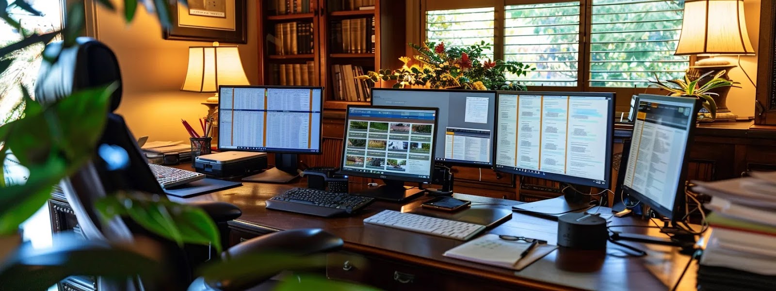 a person sitting at a desk with multiple screens showing different estate planning software options, surrounded by legal documents and a smartphone for compatibility testing.