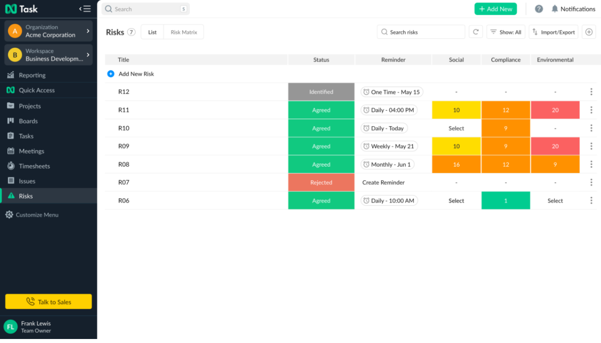 nTask Risk Management