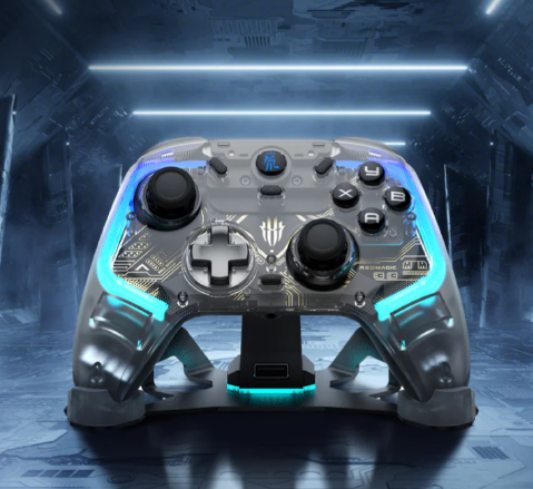 A video game controller with blue lights

AI-generated content may be incorrect.